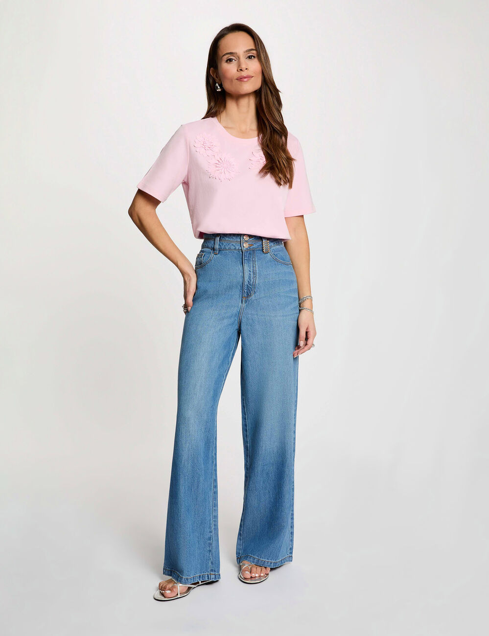 T-shirt droit col rond rose femme