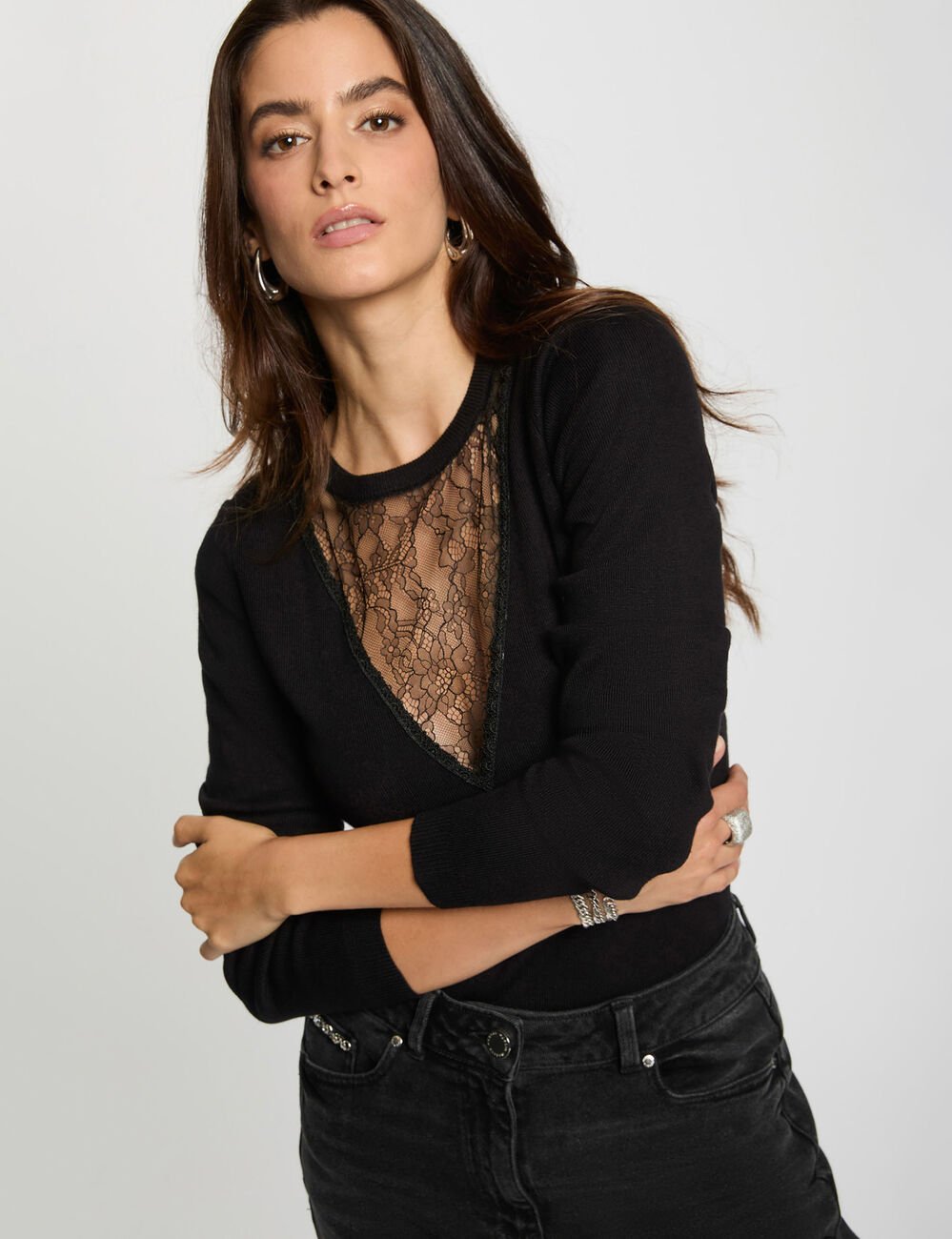 Pull col rond dentelle noir femme