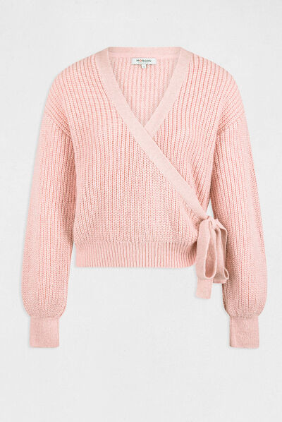 Pull manches longues col cache-coeur rose femme