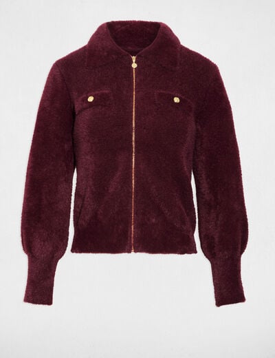 Gilet manches longues col &agrave; revers prune femme