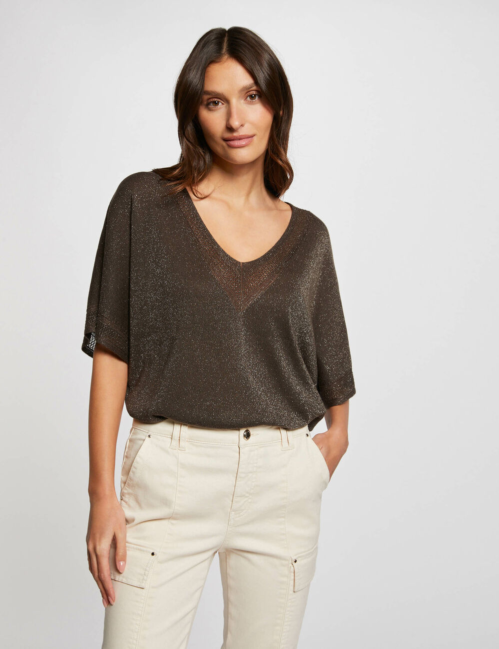Pull col en V manches courtes vert kaki femme