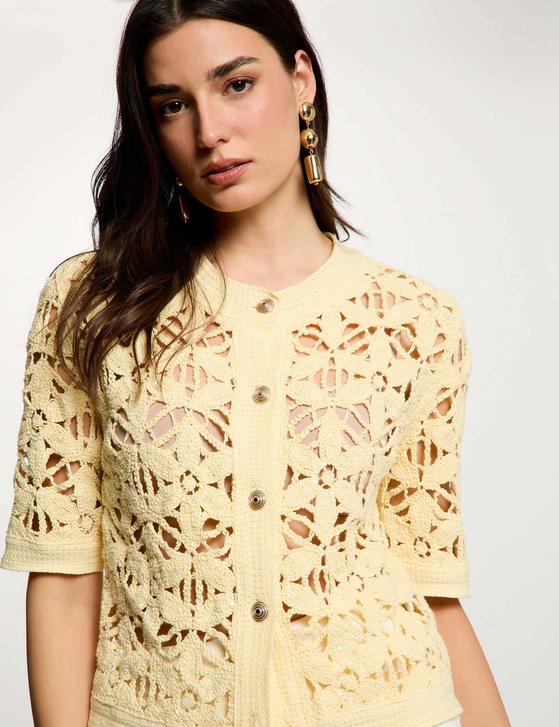 Gilet ajouré col rond jaune pastel femme - vue 1