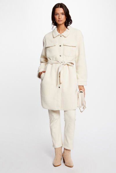 Manteau droit imitation fourrure ivoire femme