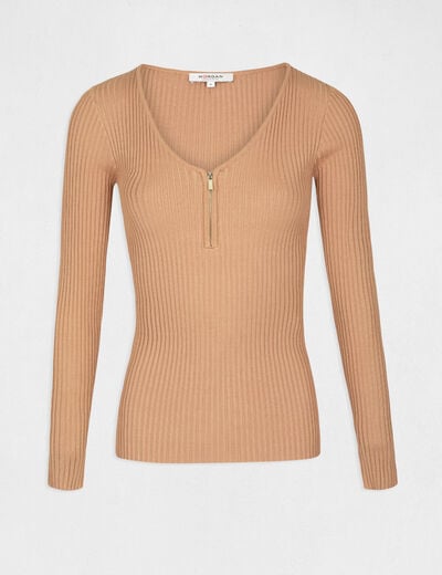 Pull manches longues tricotage en c&ocirc;te camel femme