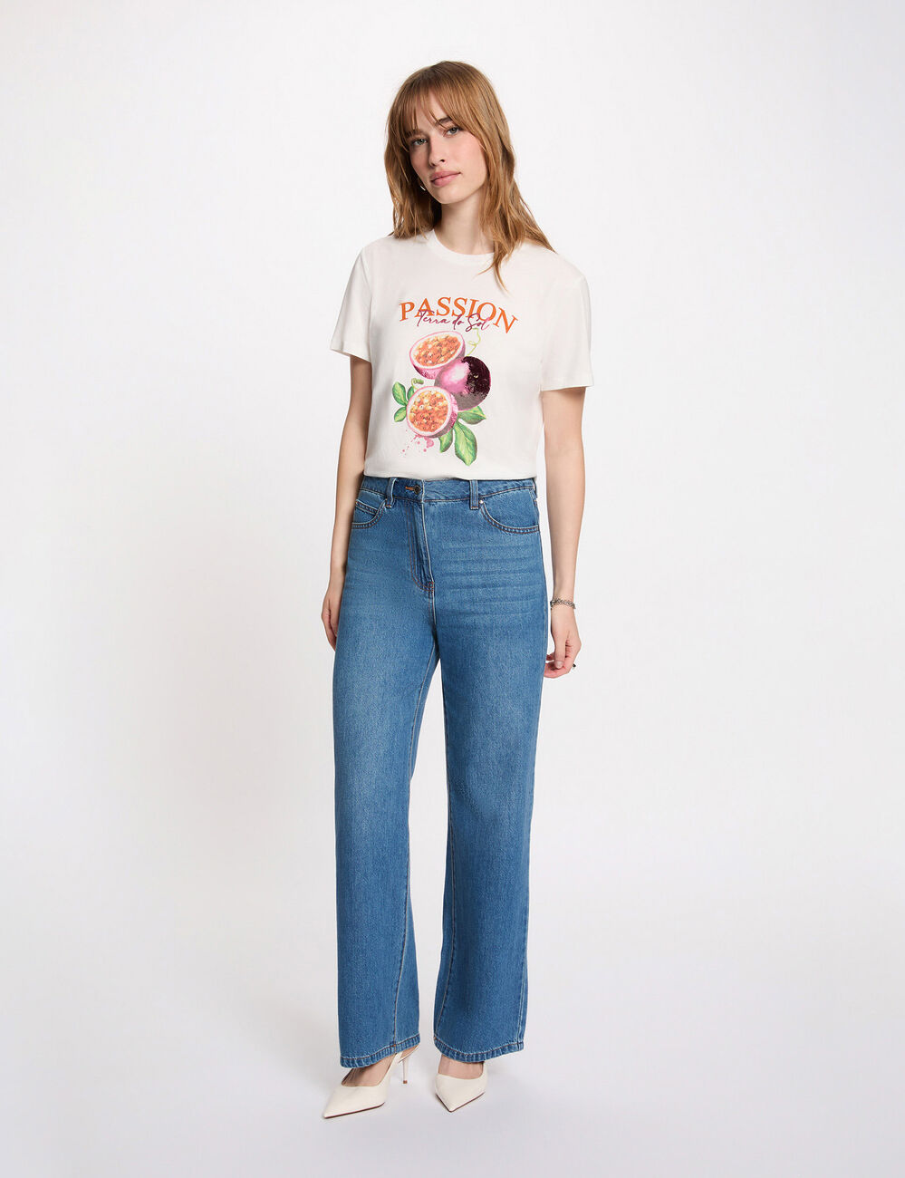 T-shirt imprim&eacute; col rond blanc femme