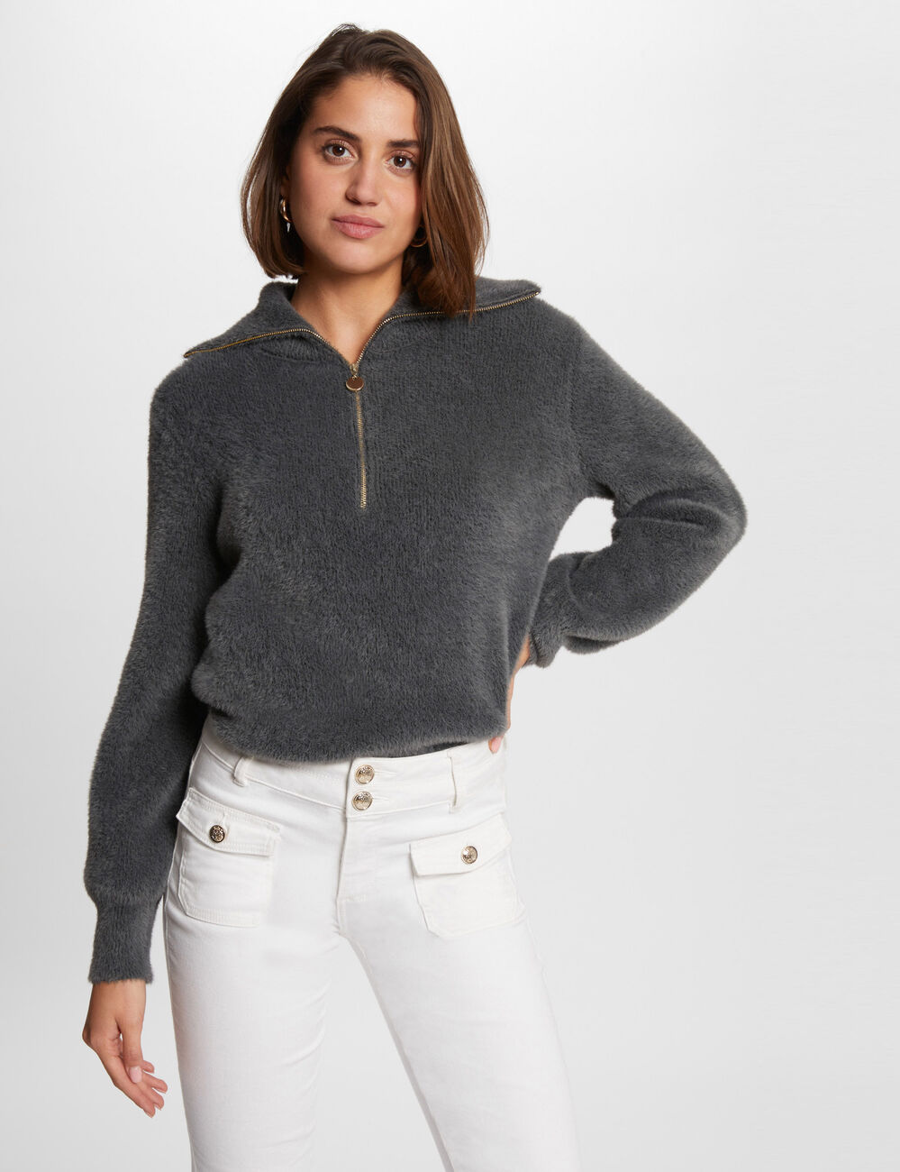 Pull manches longues &agrave; col zipp&eacute; gris anthracite femme