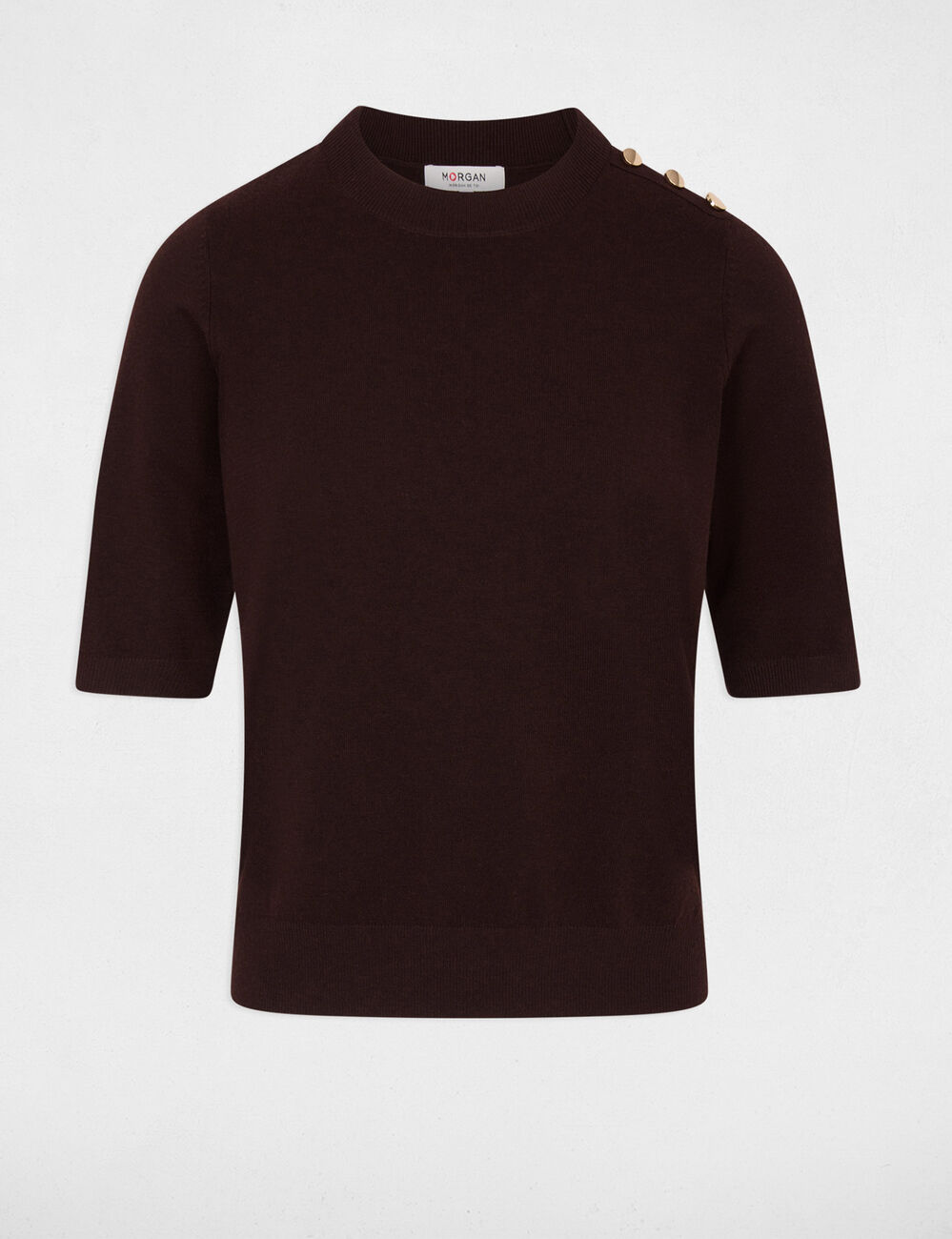 Pull col rond manches courtes marron fonc&eacute; femme