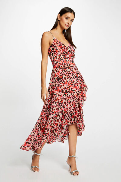 Robe longue évasée imprimé abstrait rose femme