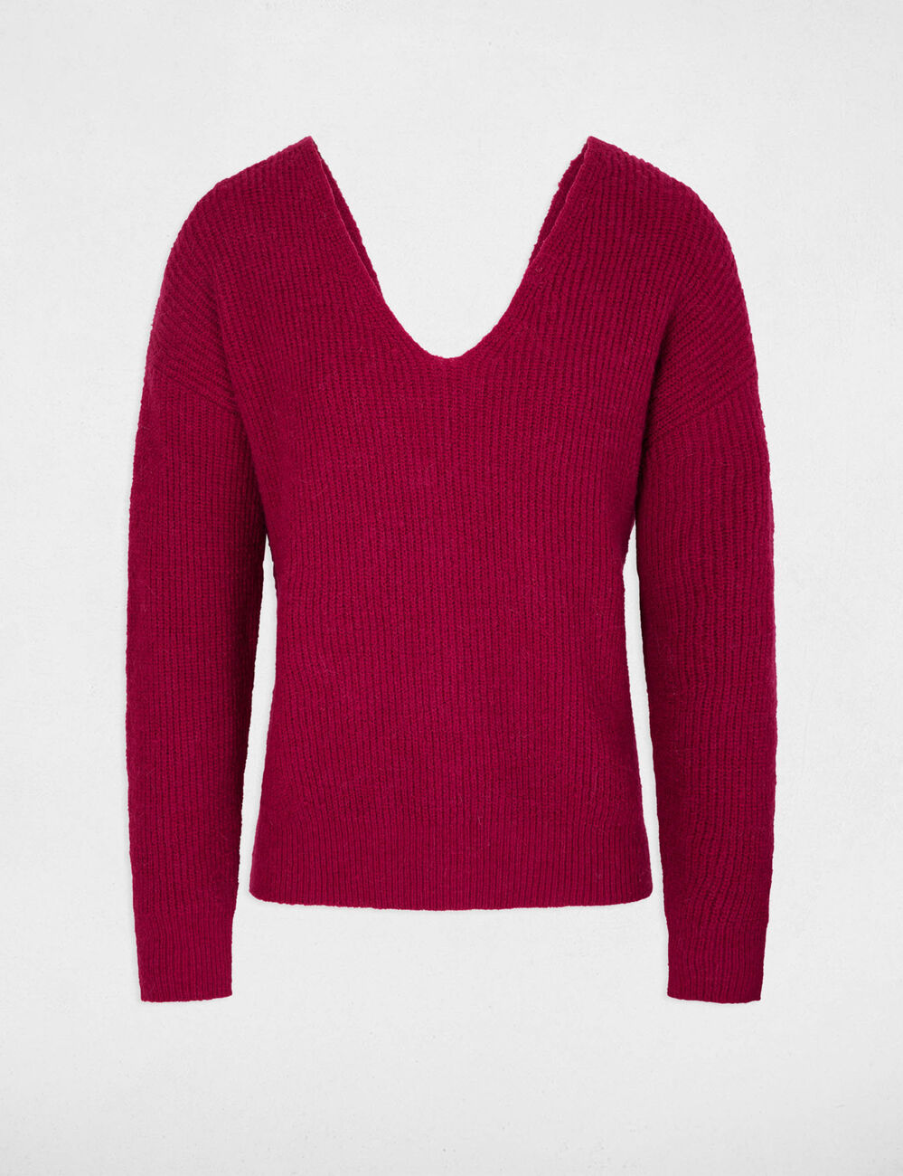 Pull col en V dos boutonn&eacute; rose fonce femme