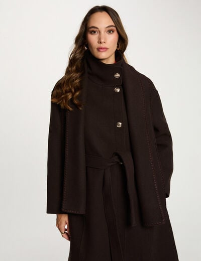 Manteau long col montant marron fonc&eacute; femme
