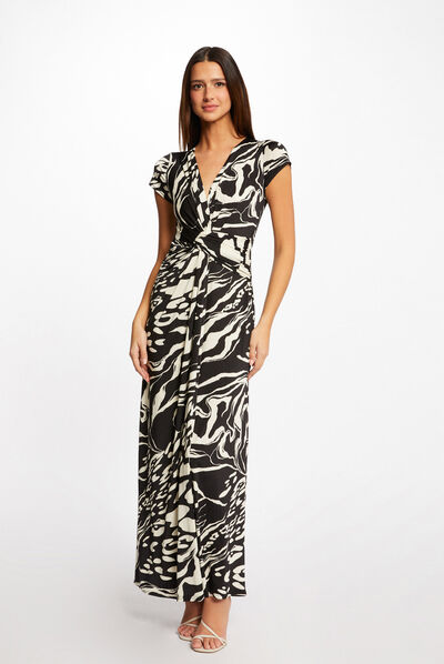 Robe longue droite imprimé abstrait noir femme