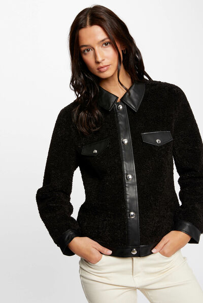 Blouson avec détails simili cuir noir femme