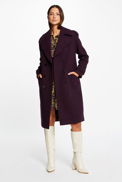 Manteau long droit double boutonnage violet fonce femme
