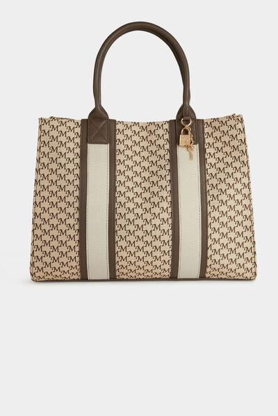 Sac cabas imprimé monogramme beige femme