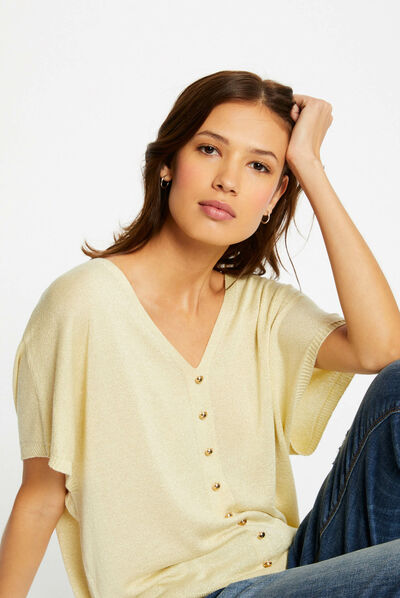 Pull manches courtes avec boutons jaune paille femme