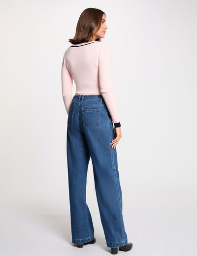 Pull manches longues col en V rose clair femme