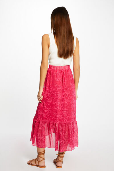 Jupe longue portefeuille imprimé léopard rose femme