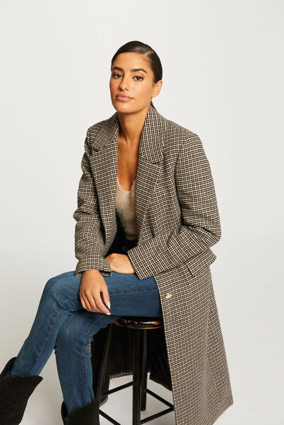Manteau droit boutonné imprimé marron femme