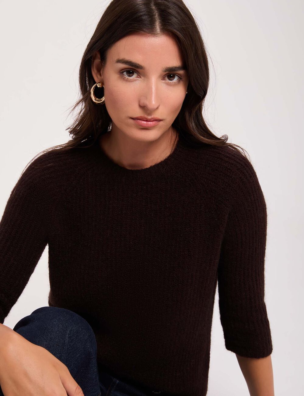 Pull maille duveteuse marron fonc&eacute; femme