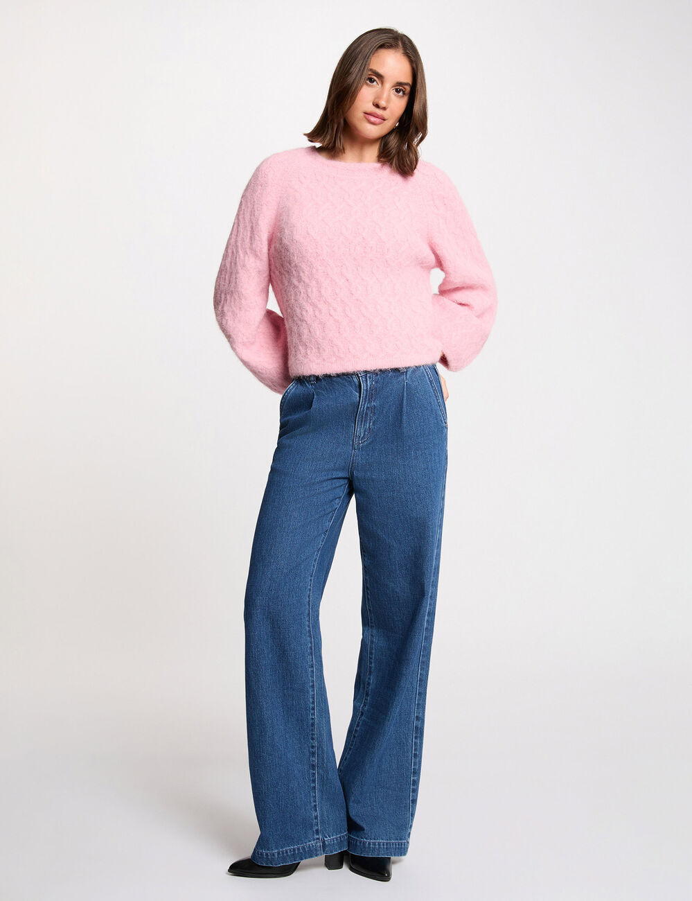 Pull &eacute;pais col rond rose femme