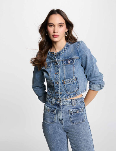 Veste courte en jean denim double stone femme