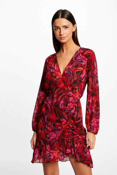 Robe droite froncée imprimé végétal multico femme