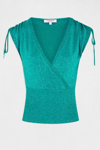 Pull manches courtes lien à coulisse vert moyen femme