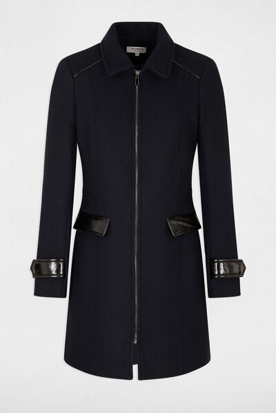 Manteau droit détails simili cuir marine femme