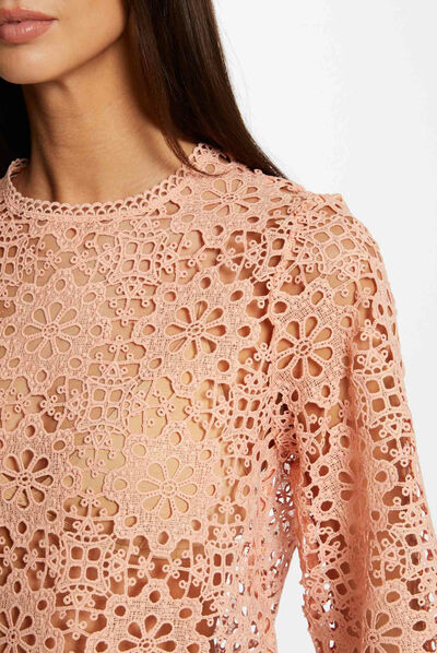 Blouse manches courtes en dentelle rose moyen femme