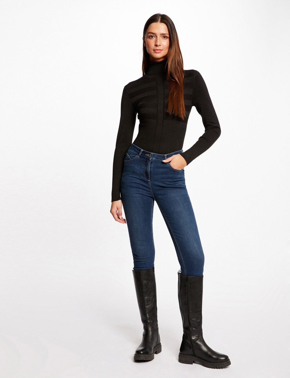 Pull manches longues &agrave; col roul&eacute; noir femme