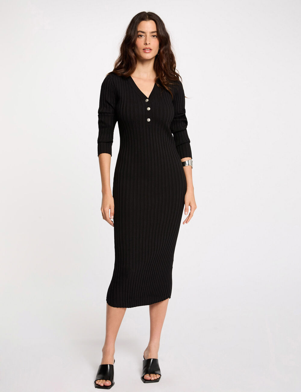 Robe tricot ajust&eacute;e c&ocirc;tel&eacute;e noir femme