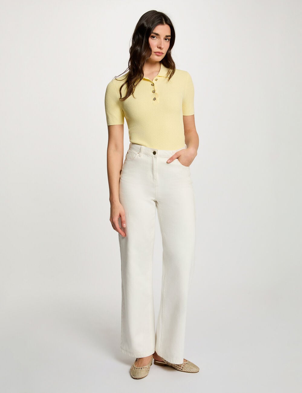 Pull ajust&eacute; col &agrave; revers jaune pastel femme