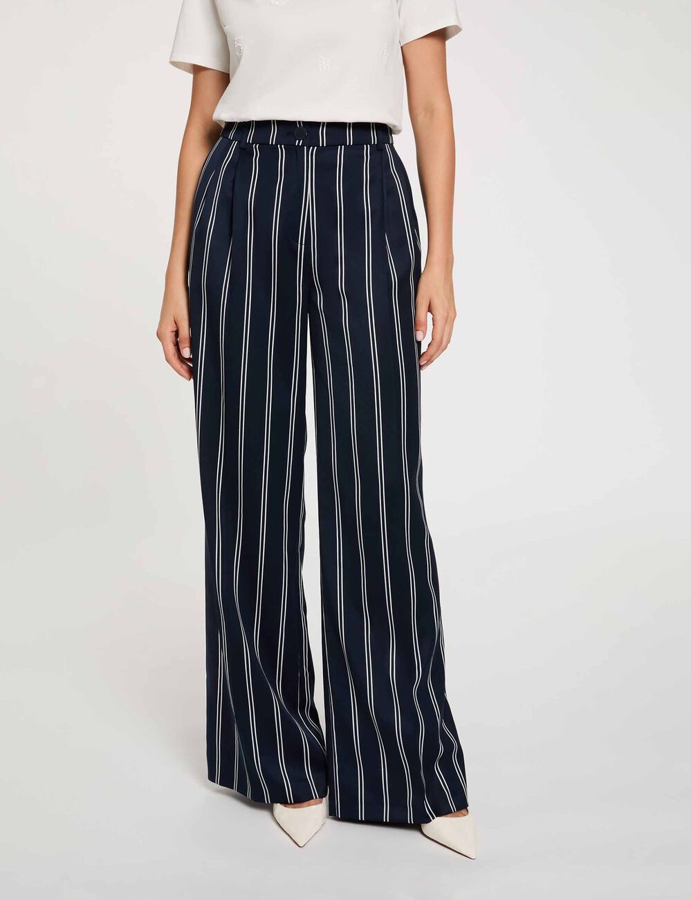 Pantalon large taille haute bleu marine femme