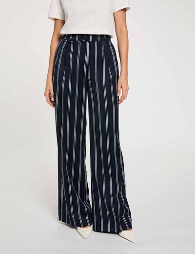 Pantalon large taille haute bleu marine femme
