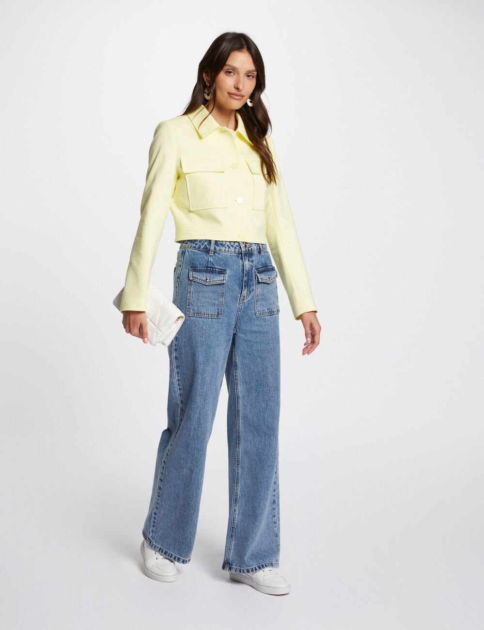 Veste courte boutonnée jaune clair femme