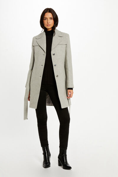 Manteau cintré ceinturé gris clair femme