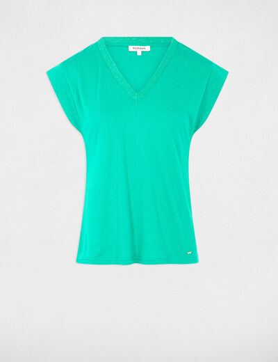 T-shirt manches courtes à col en V vert émeraude femme