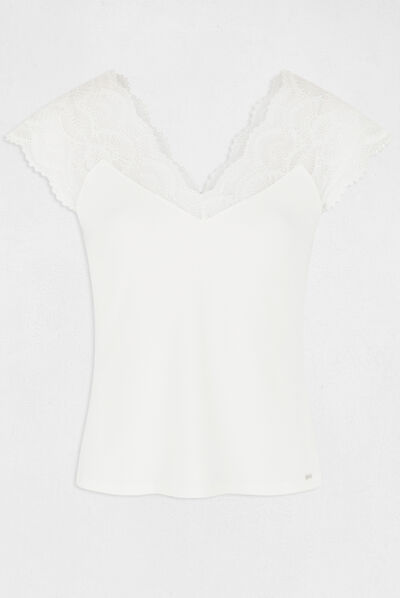 T-shirt manches courtes à dentelle ecru femme