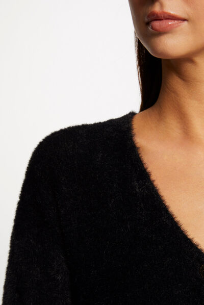 Gilet manches longues avec col en V noir femme