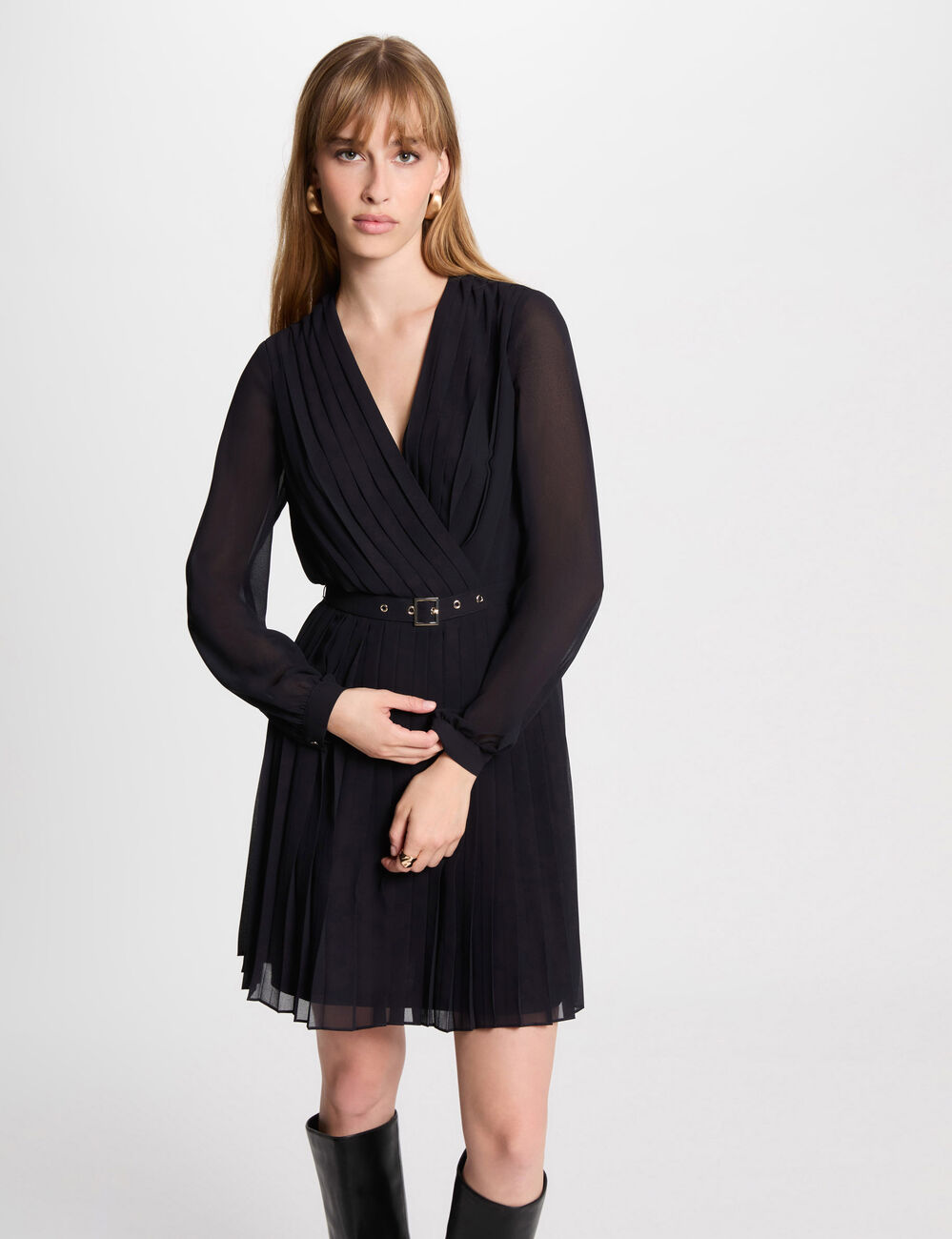 Robe courte droite pliss&eacute;e bleu marine femme