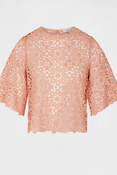 Blouse manches courtes en dentelle rose moyen femme