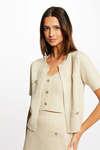 Veste droite avec fils métallisés ecru femme