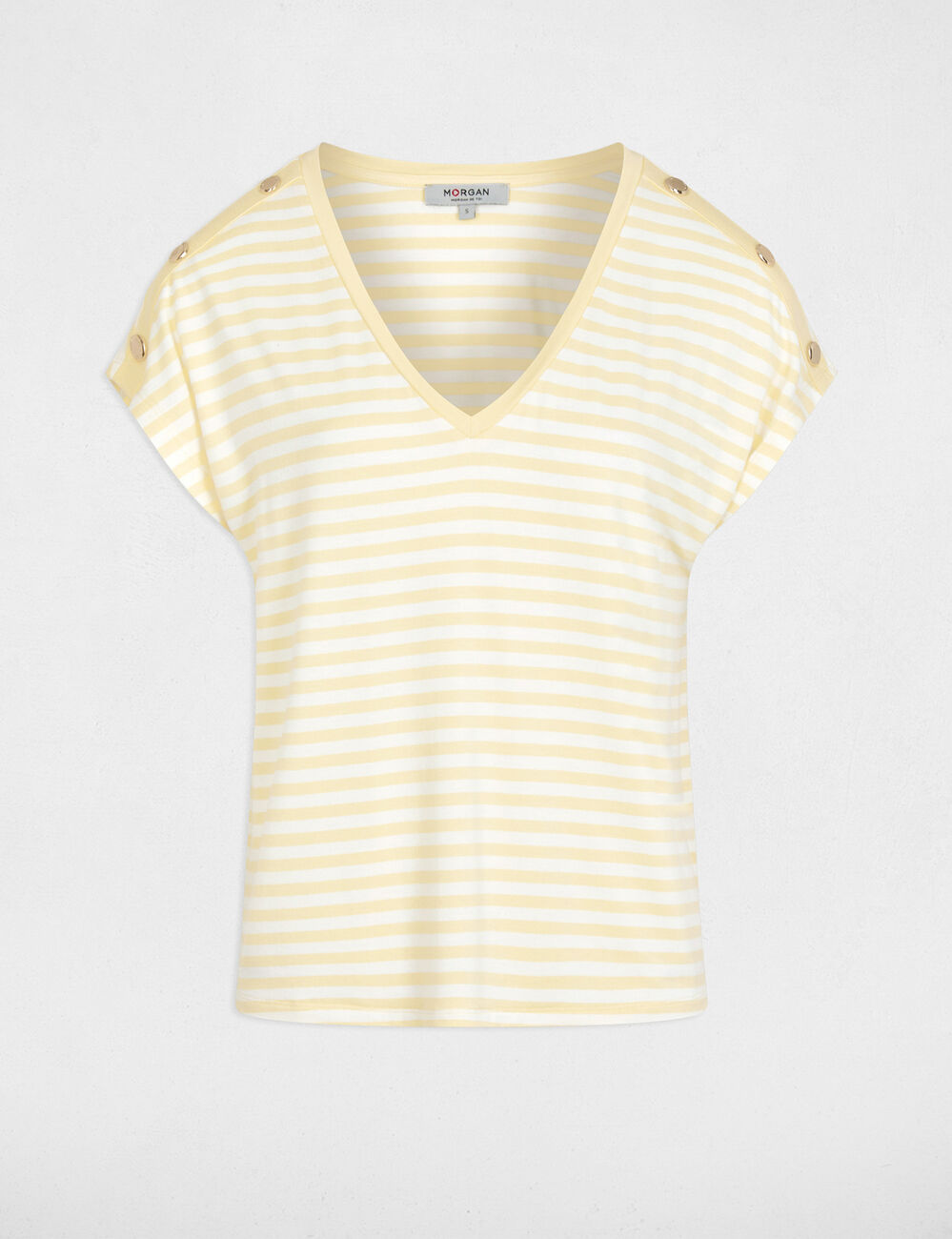 T-shirt ray&eacute; col v jaune pastel femme