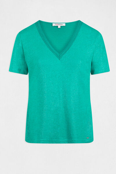 T-shirt manches courtes à col en V vert moyen femme