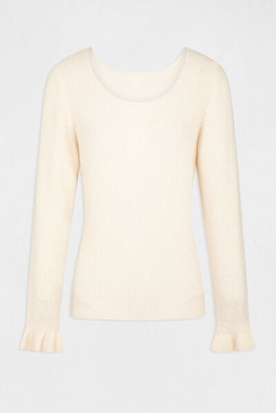 Pull manches longues col rond ivoire femme