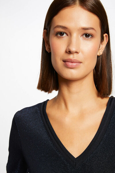 T-shirt manches courtes avec col en V marine femme