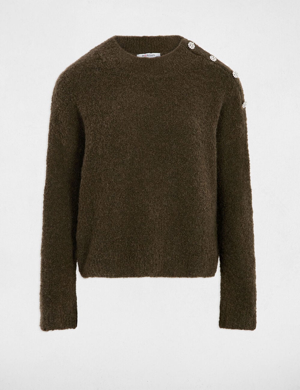 Pull col montant et boutons vert kaki femme