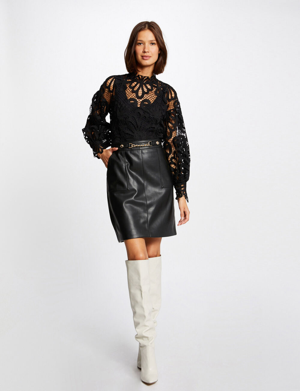Blouse manches longues en dentelle noir femme