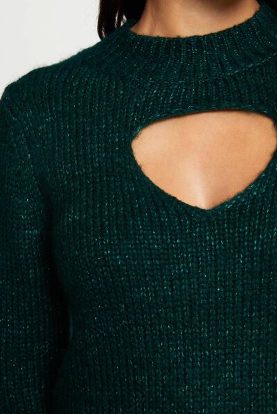 Pull manches longues avec ouverture vert fonce femme