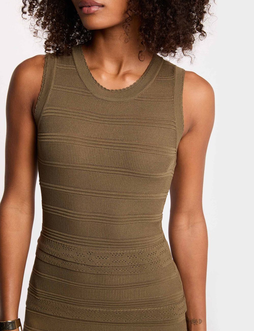Robe tricot longue cintr&eacute;e vert kaki femme